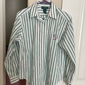 Ralph Lauren Women's Green and White Striped Button Down Shirt